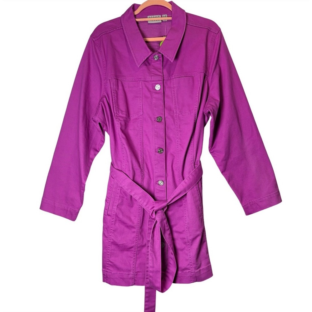 Susan Graver Jeans Jacket Women 2XP Fusia Belted Button Front Twill Chore